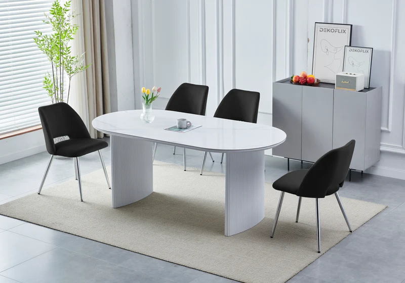 Ensemble table marbre blanc et chaises argent – Kara