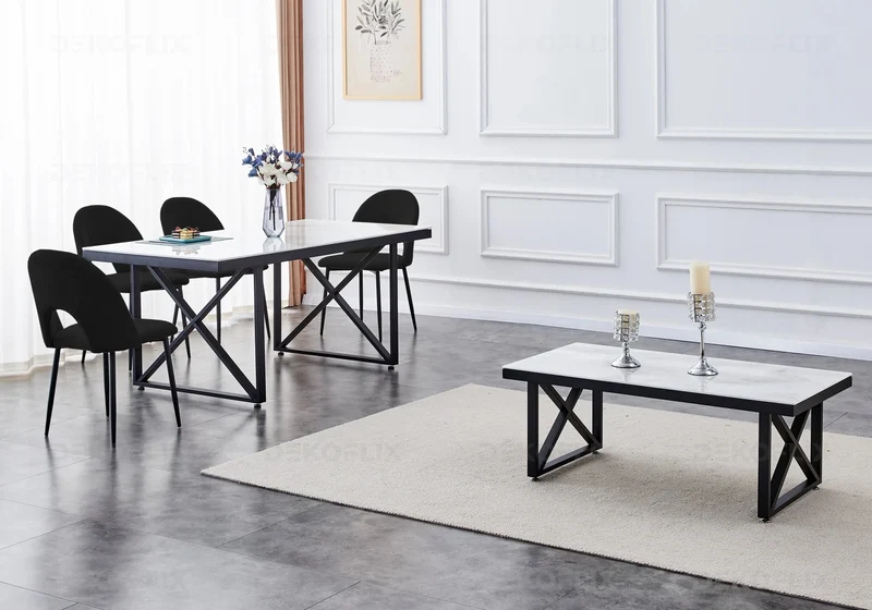 Table noire marbre blanc et chaises noires - Clara