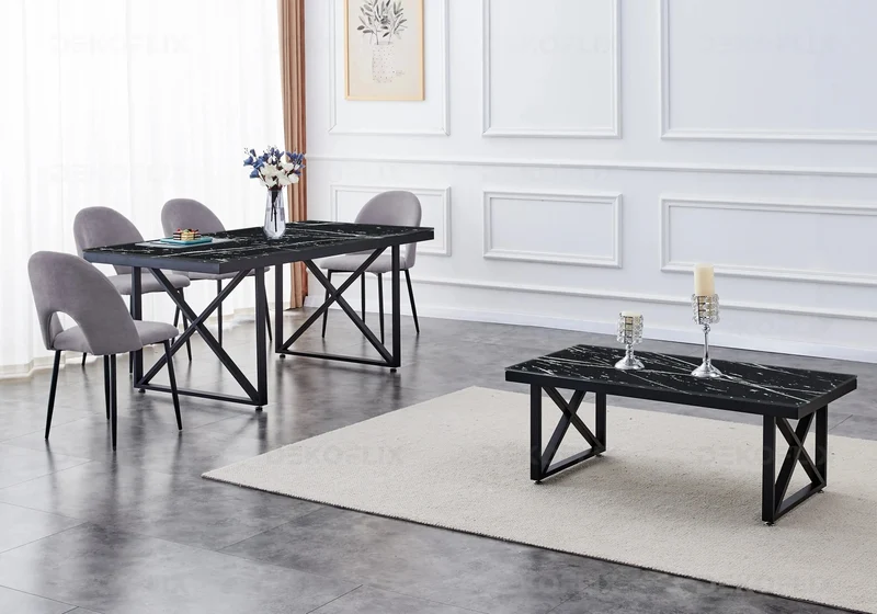 Table marbre noir et chaises anthracites - Clara