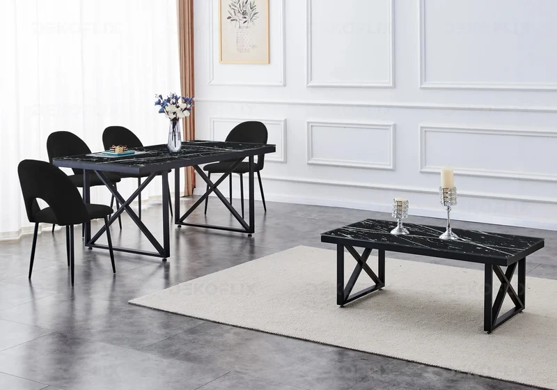 Table marbre noir et chaises noires - Clara