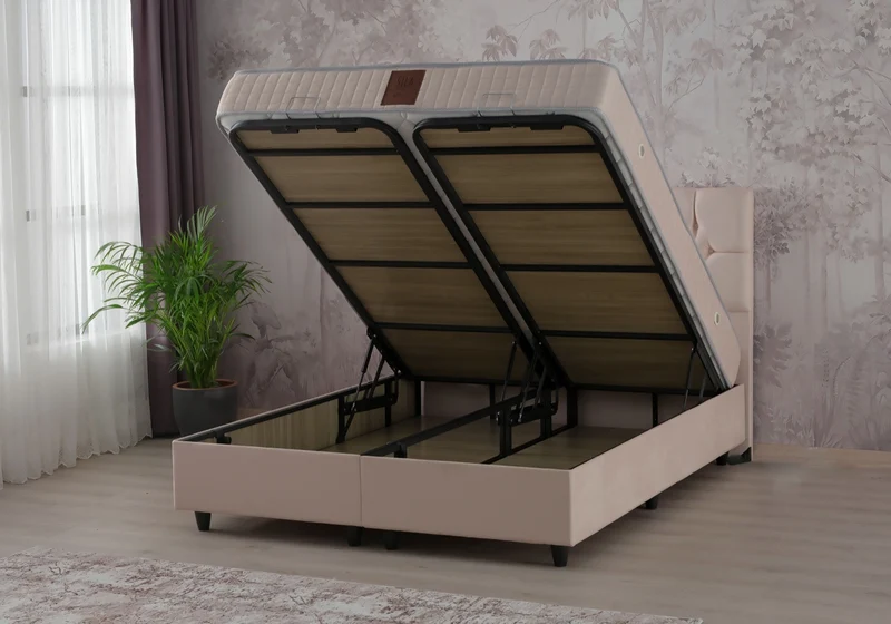 Lit coffre complet 2 places velours beige - Lore