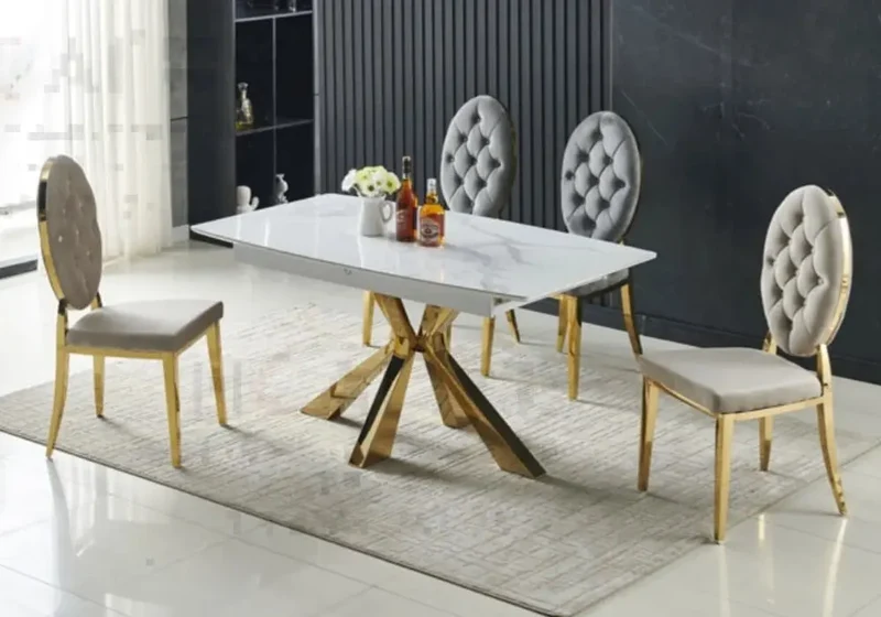 Ensemble table chaise extensible marbre blanc - Lika