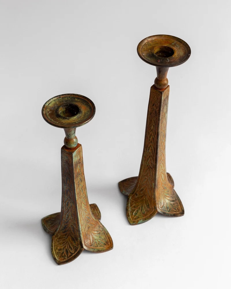 Pair of Sculptural Bronze Candlesticks/Vases with Patina
