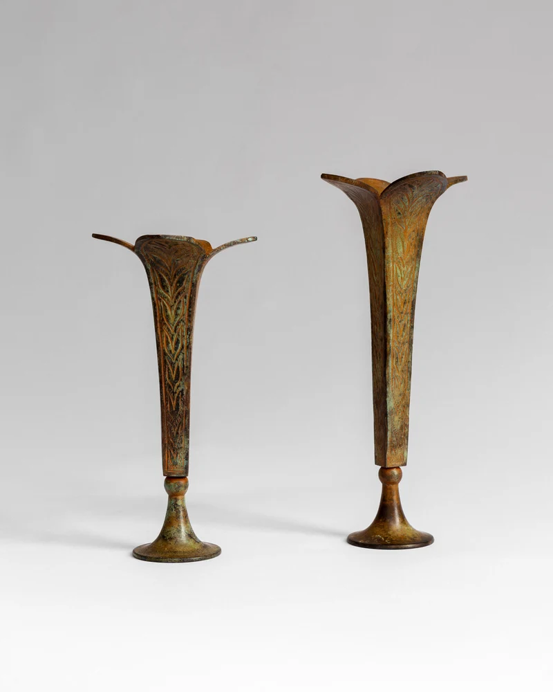 Pair of Sculptural Bronze Candlesticks/Vases with Patina