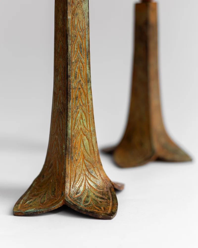 Pair of Sculptural Bronze Candlesticks/Vases with Patina