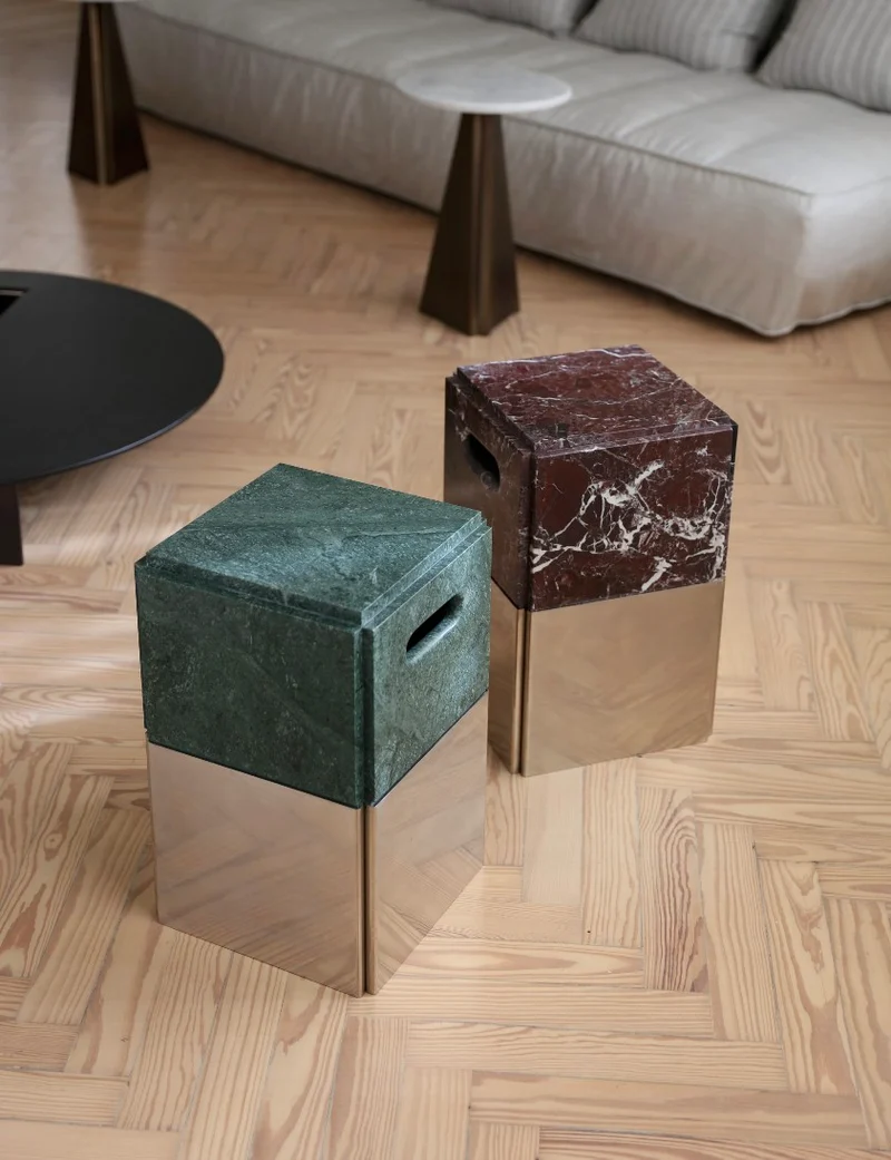 Rehundido Stool in Steel and Marble