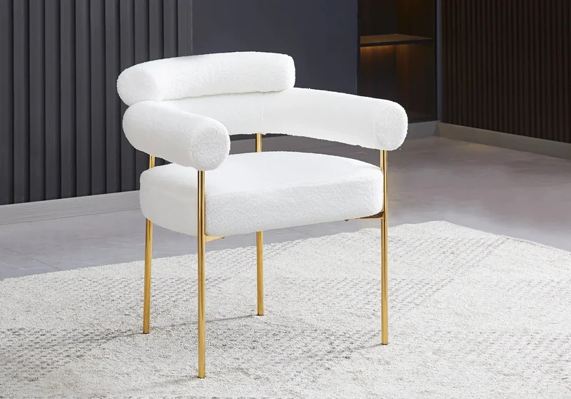 Fauteuil de table bouclée blanc pieds dorés - Laya