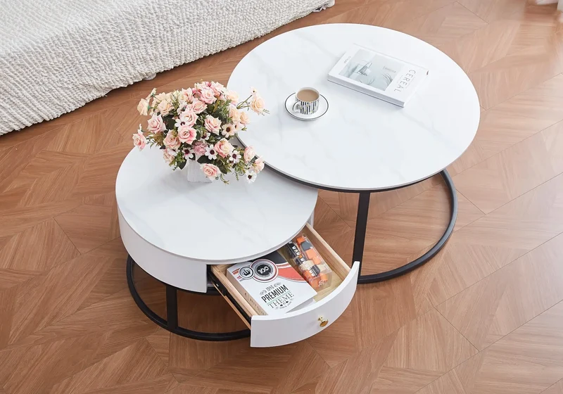 Tables rondes gigognes noir marbre blanc - Orea