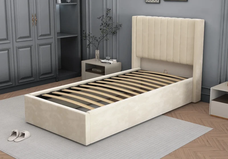 Lit velours coffre beige - Lova