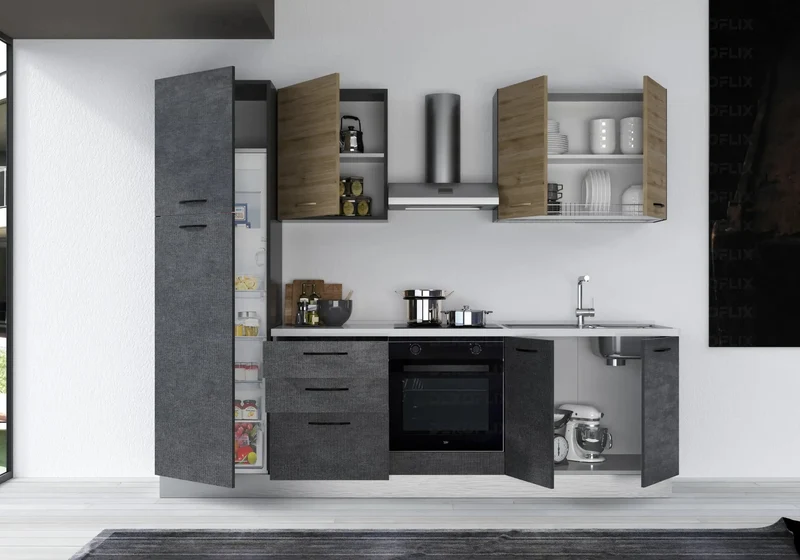 Cuisine Aménagée Titane Chêne STAR 270 - Électroménager Inclus