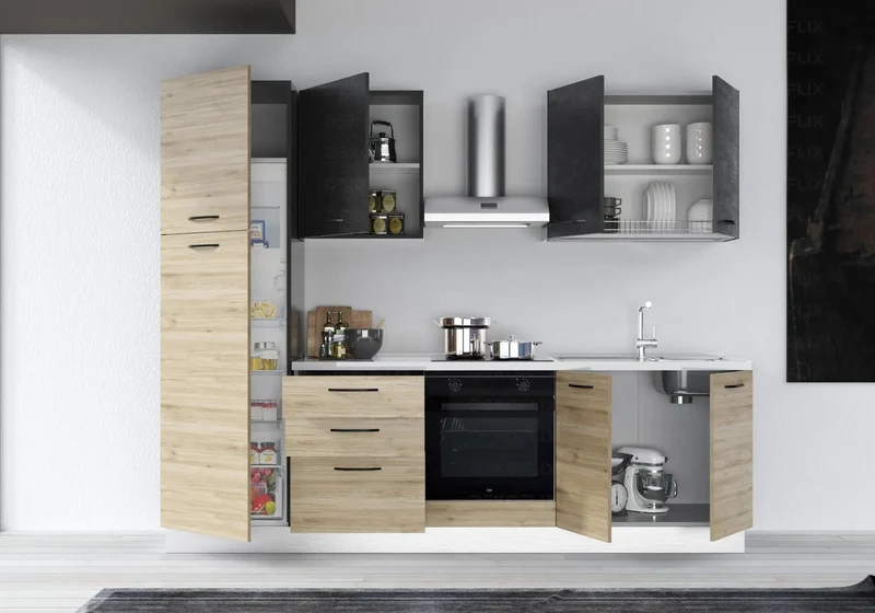 Cuisine Aménagée Chêne Titane STAR 270 - Électroménager Inclus