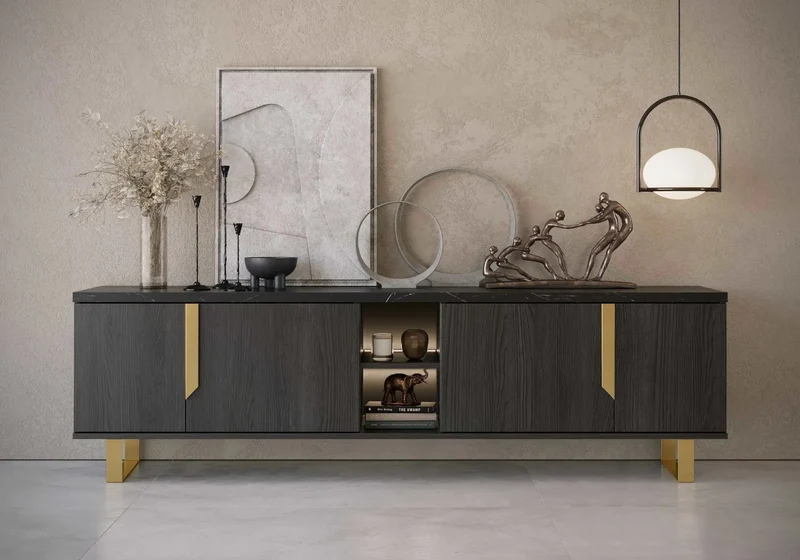 Mur TV mat palissandre noir doré ORION