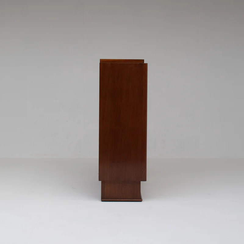 Mid-Century Oak Cabinet with Brass Handles and Decorative Inlays
