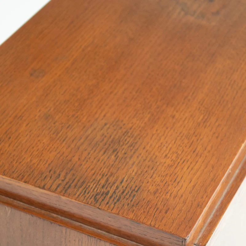 Mid-Century Oak Cabinet with Brass Handles and Decorative Inlays