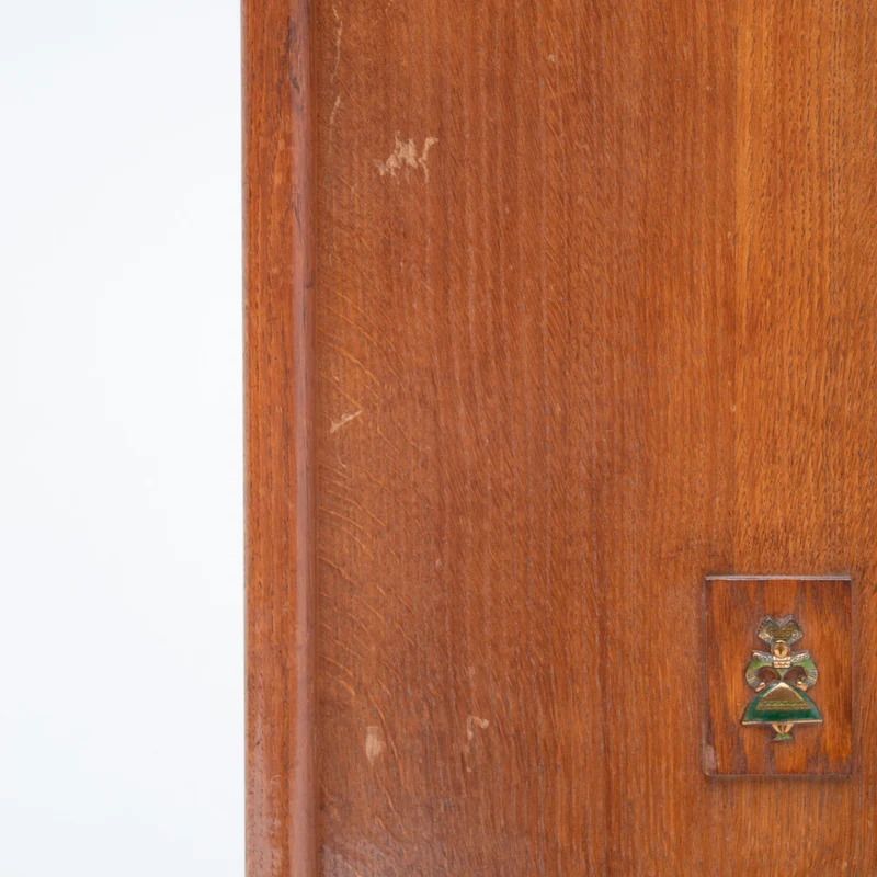 Mid-Century Oak Cabinet with Brass Handles and Decorative Inlays