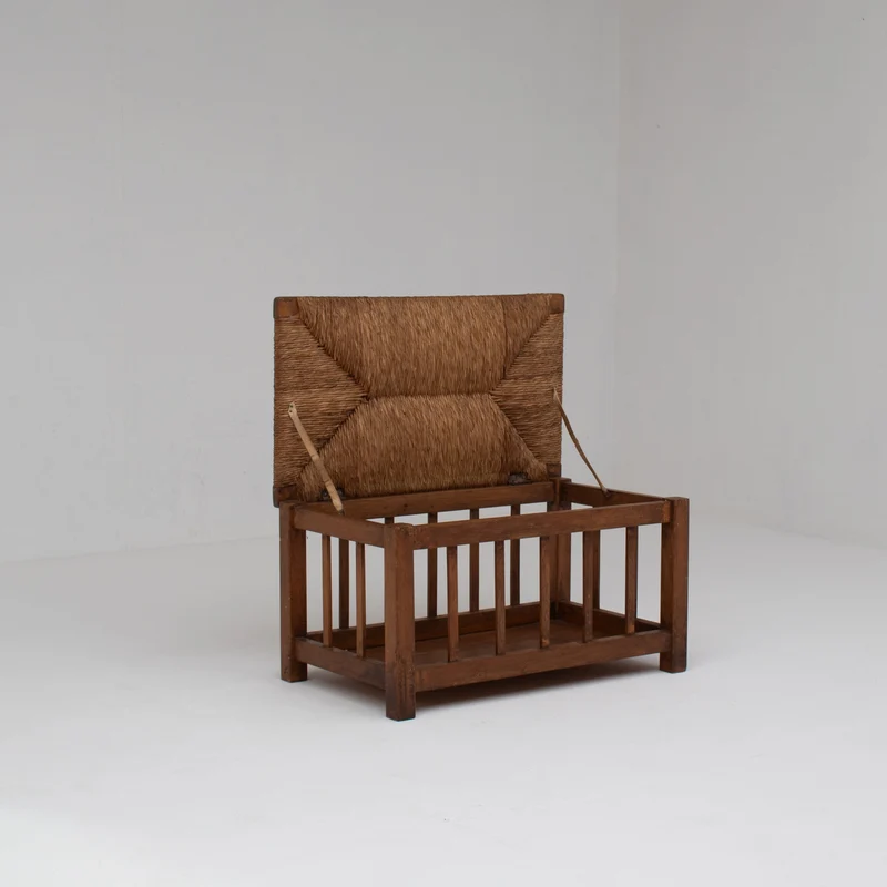 French Oak Storage Bench with Woven Rush Seat