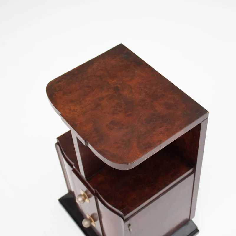 Art Deco Bedside Cabinet in Burr Walnut with Brass Hardware