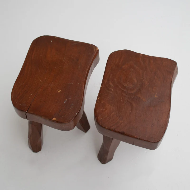 Pair of Sculptural Solid Wood Brutalist Stools, France, 1960s