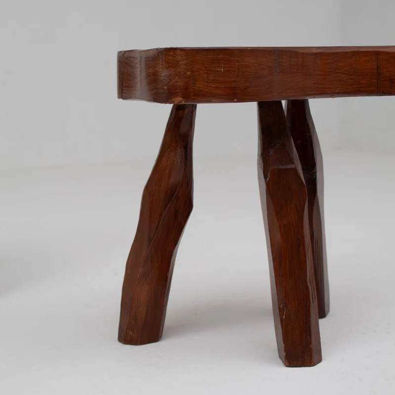 Pair of Sculptural Solid Wood Brutalist Stools, France, 1960s