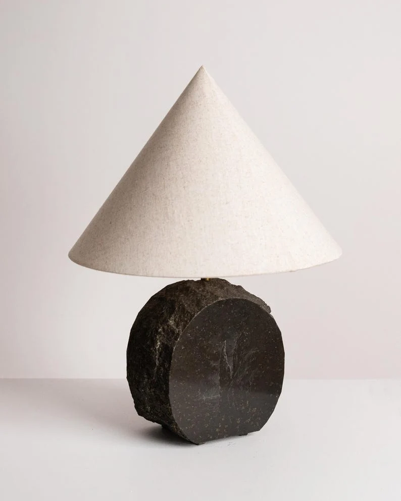 Vintage Brutalist Basalt Stone Table Lamp – 1970s Sculptural Granite Disc Light