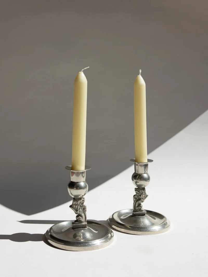 Pair of Swedish Grace Art Deco Pewter Lion Candlesticks by Eskilstuna Metallindustri, 1932