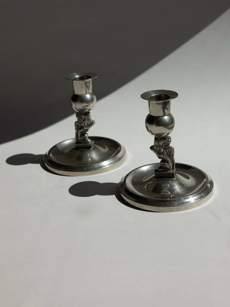 Pair of Swedish Grace Art Deco Pewter Lion Candlesticks by Eskilstuna Metallindustri, 1932