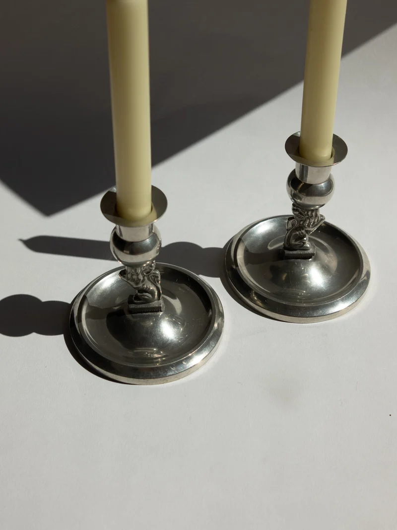 Pair of Swedish Grace Art Deco Pewter Lion Candlesticks by Eskilstuna Metallindustri, 1932