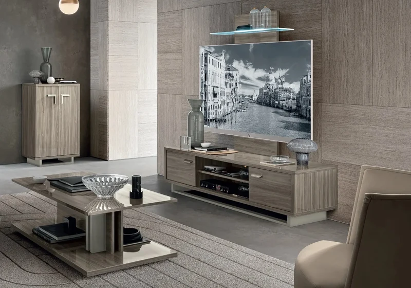 Ensemble meuble TV noyer nickel laquée LEILA