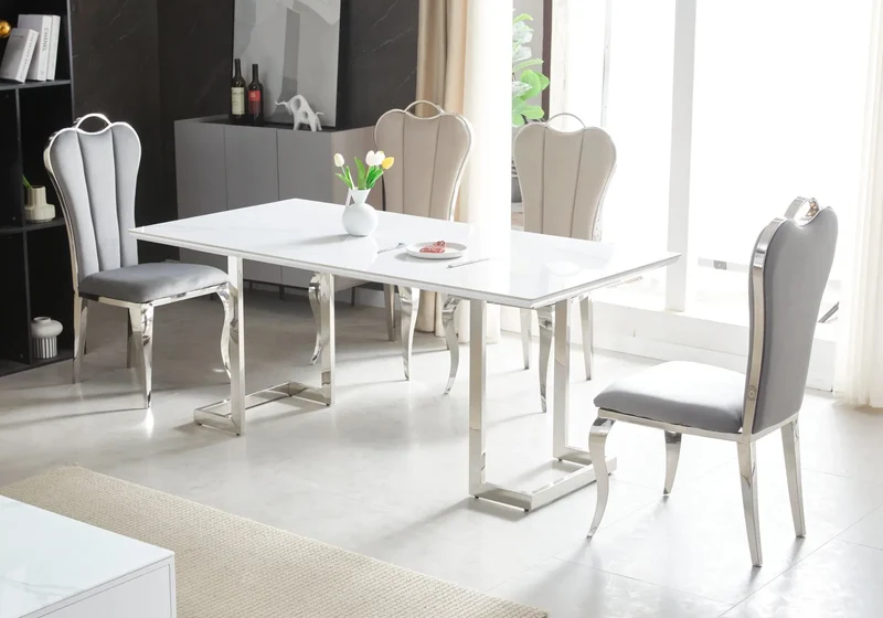 Table à manger dorée céramique marbre blanc - Odel