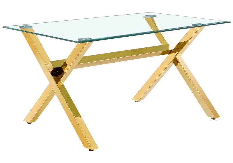 Salle à manger verre trempé pieds X dorés - Cross