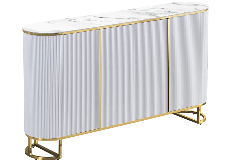 Buffet ovale cannelé marbre blanc doré - Nalia