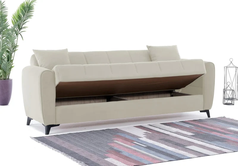 Canapé Turc Pas Cher - Lit & Coffre de Rangement - Velours Beige LARA