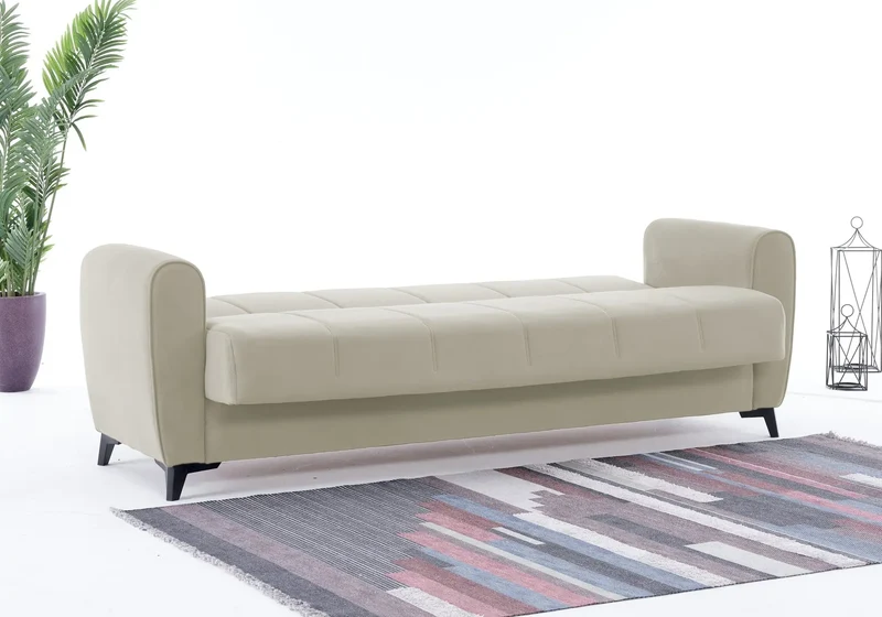 Canapé Turc Pas Cher - Lit & Coffre de Rangement - Velours Beige LARA