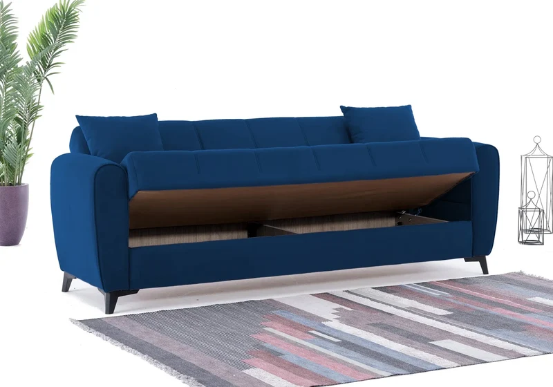 Canapé Turc Pas Cher - Lit & Coffre de Rangement – Velours Bleu LARA