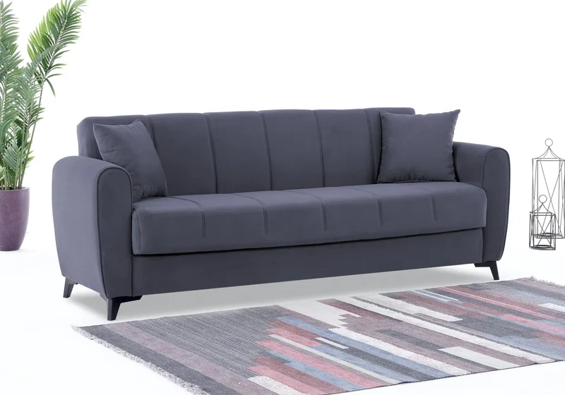 Canapé Turc Pas Cher - Lit & Coffre de Rangement – Velours Bleu LARA