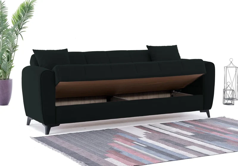 Canapé Turc Pas Cher - Lit & Coffre de Rangement – Velours Anthracite LARA