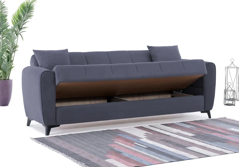 Canapé Turc Pas Cher - Lit & Coffre de Rangement - Velours Gris LARA