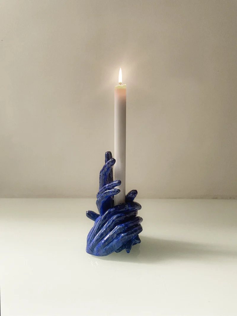 Three-hands Blue Candleholder in Ceramic n°46