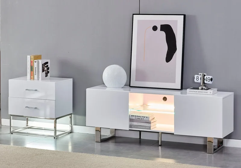 Meuble tv design argent laqué blanc - Line