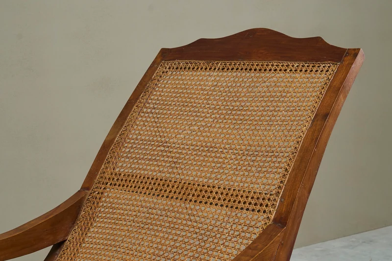 Sculptural Colonial Chaise Longue in Wood and Hand-Woven Cane, 1920s