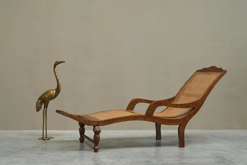 Sculptural Colonial Chaise Longue in Wood and Hand-Woven Cane, 1920s
