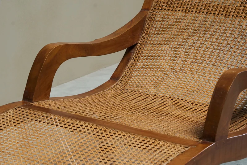 Sculptural Colonial Chaise Longue in Wood and Hand-Woven Cane, 1920s