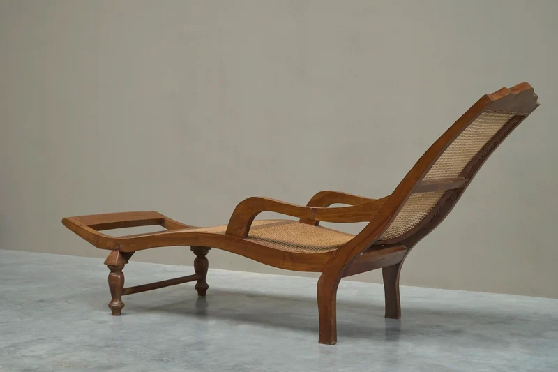 Sculptural Colonial Chaise Longue in Wood and Hand-Woven Cane, 1920s