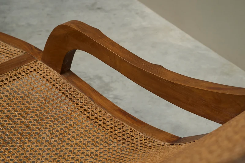 Sculptural Colonial Chaise Longue in Wood and Hand-Woven Cane, 1920s