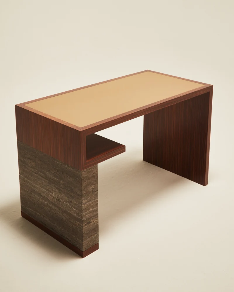 'Continuous' Desk Handcrafted in Wood Veneer and Leather Tabletop