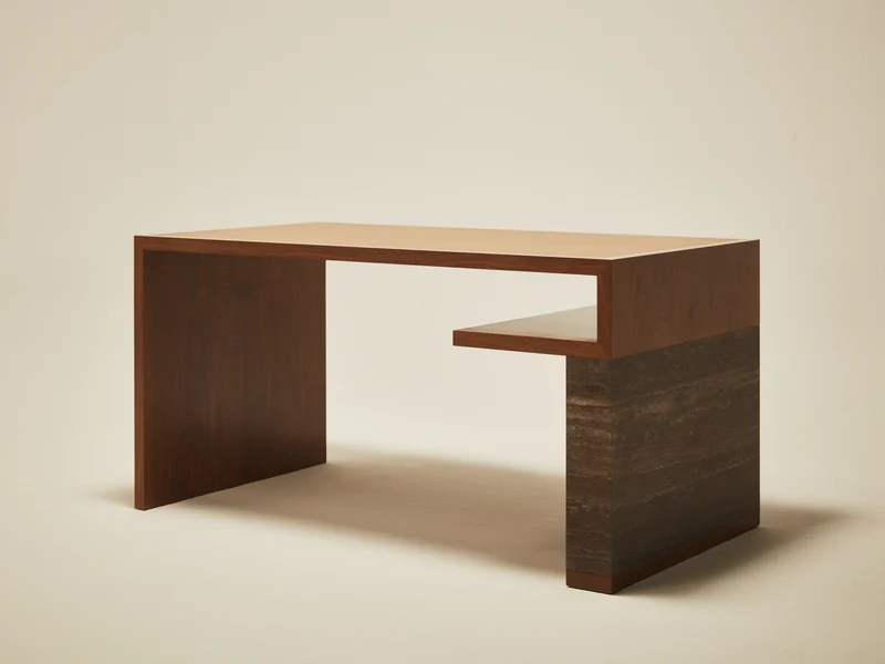 'Continuous' Desk Handcrafted in Wood Veneer and Leather Tabletop