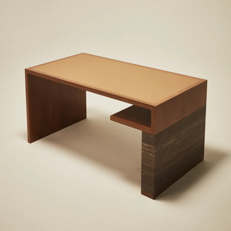 'Continuous' Desk Handcrafted in Wood Veneer and Leather Tabletop