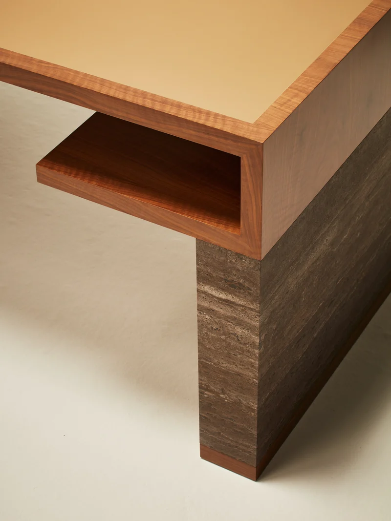 'Continuous' Desk Handcrafted in Wood Veneer and Leather Tabletop