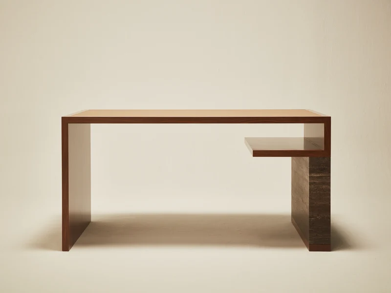 'Continuous' Desk Handcrafted in Wood Veneer and Leather Tabletop