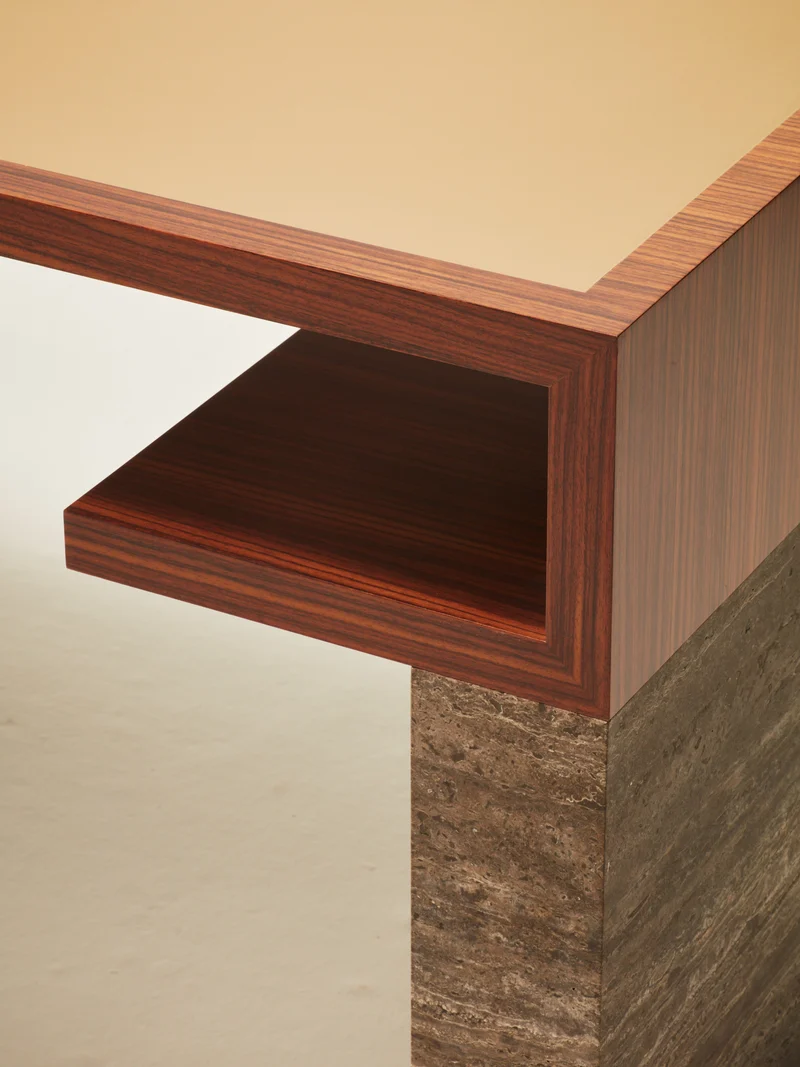 'Continuous' Desk Handcrafted in Wood Veneer and Leather Tabletop